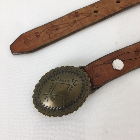 Thin Vintage Tooled Leather Belt With Brass Concho Buckle Brown Floral Size S - Picture 5 of 9